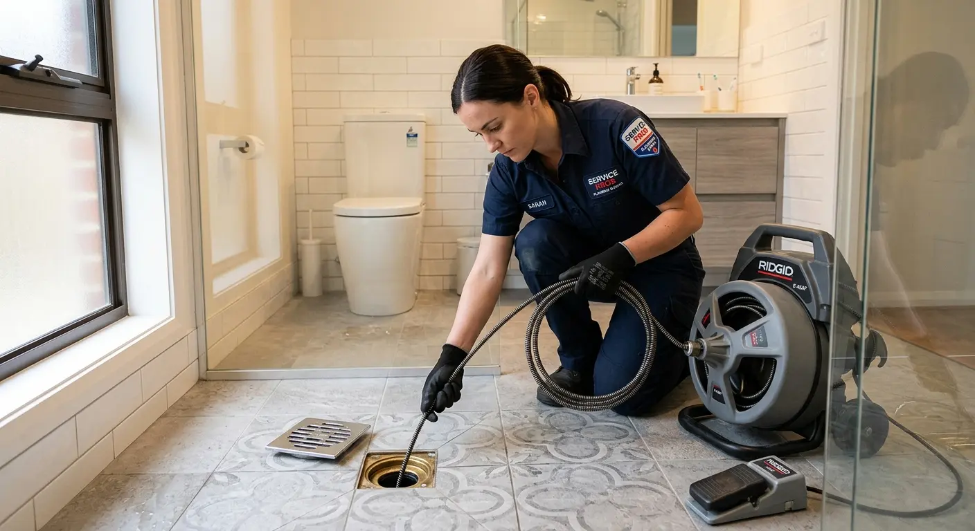 Technician clearing a bathroom floor drain for Hydro Jetting in Oneida